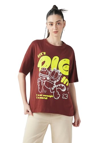Bewakoof Air 1.0 Official Garfield Merchandise Womens Graphic Printed Oversized Fit Half Sleeve Round Neck Cotton Slub T-Shirt_