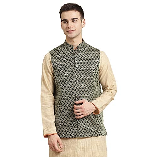 SOJANYA (Since 1958, Mens Jacquard Silk Dark Green Self Design ONLY Nehrujacket, Size: 44