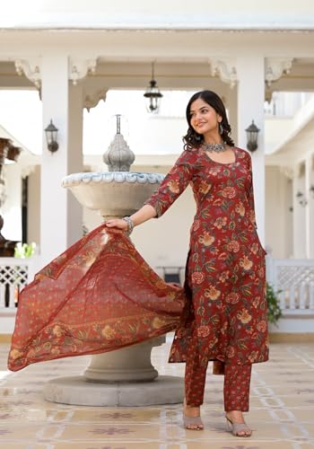 ANNI DESIGNER Ladies Cotton Blend Dupatta Kurta Trousers, dark red, M
