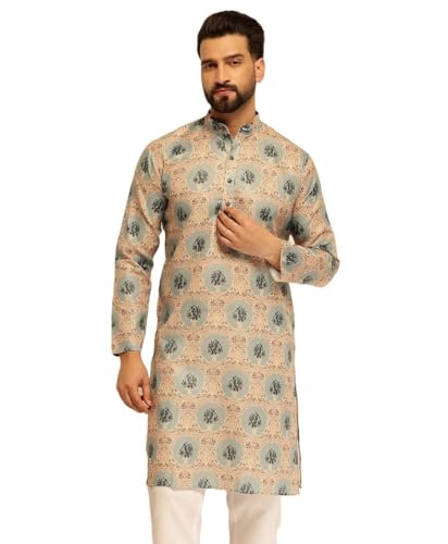 Sojanya (Since 1958 MenS Cotton Linen Motif Bloom Printed Pista Long Kurta