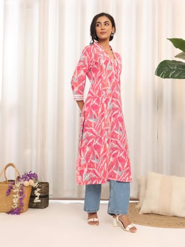 Varanga Women V-Neck Tropical Printed Kurta  Stylish, Comfortable, And Perfect For Relaxed And Casual Looks Pink
