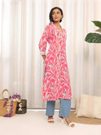 Varanga Women V-Neck Tropical Printed Kurta  Stylish, Comfortable, And Perfect For Relaxed And Casual Looks Pink