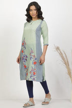 W For Woman Green Floral Print Polyester Straight Kurta Set With Tight
