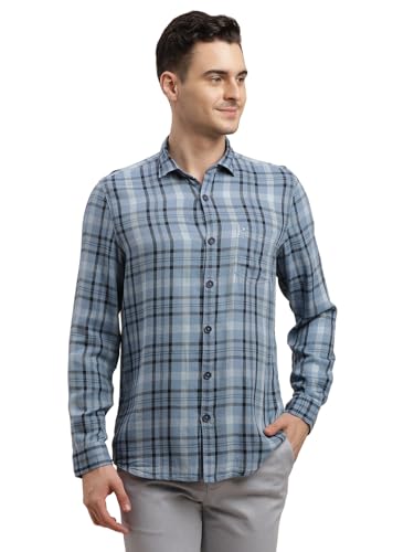 Turtle Men Cotton Viscose Checkered Slim Fit Light Blue Denim Shirt