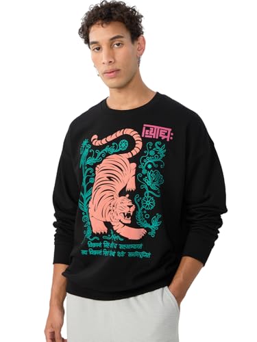 The Souled Store Originals : Indie Tiger Men and Boys Long Sleeves Round Neck Cotton Blend Oversized Sweatshirts Black