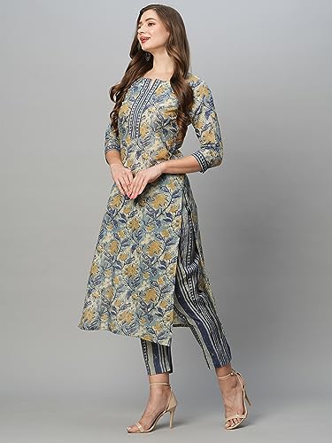 ANNI DESIGNER Womens Cotton Blend Straight Printed Kurta with Pant Set (Prachi Blue_M_Blue_Medium)