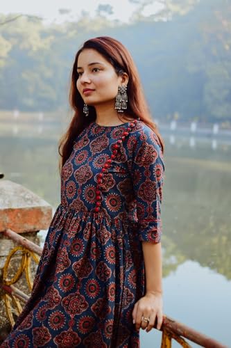 ANNI DESIGNER Womens Cotton Blend Printed Anarkali Kurta (Pond Blue-SM_XL_Blue_X-Large)