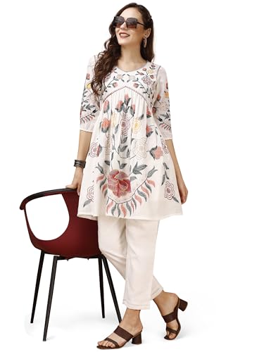 Womanista Linen Womens Off White Colour Multi Thread Embroidery Flared Tunic with Trouser coord Set Ankle Length (Co-ords_9042 