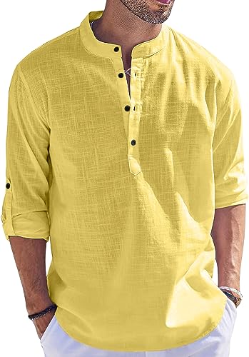 Hemadhav MenS Regular Fit Cotton Blend Casual Kurta Yellow