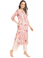 Varanga Women'S Pink Floral Printed V-Neck 3/4 Sleeve Straight Kurta - Elegant & Comfortable (Double Extra Large)