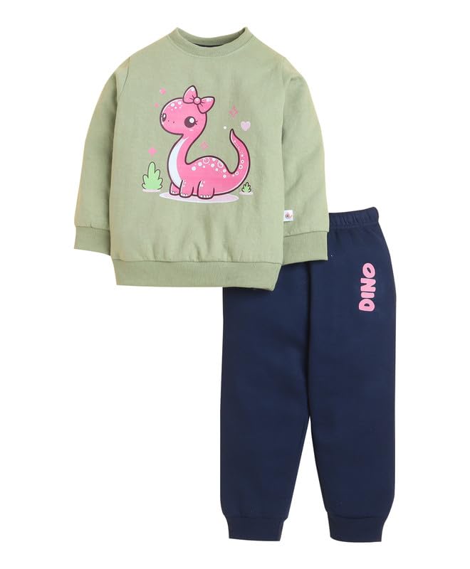 Bumzee Girls Green & Navy Spun Fleece Full Sleeves Animal Print Regular Fit Sweatshirt & Jogger Set - 12-18 Months (Peb11094D-Gr