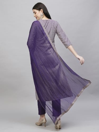 ANNI DESIGNER Womens Cotton Blend Straight Printed Kurta with Pant & Dupatta (DMPL BEGANI_S_Purple_Small)