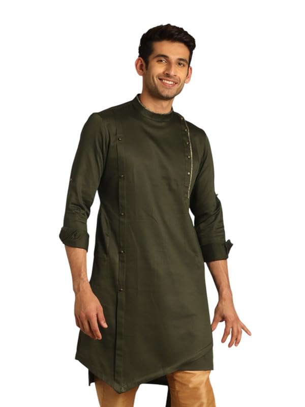 Manyavar Mens Kurta Only, Ethnic Kurta For Men, Full Sleeves Mandarin Collar Self Designed Blended Viscose Green Kurta (Xl)
