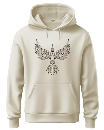 ADRO Men's Cotton Neck Hooded Sweatshirt (H24-BIRD-WS_White Sand