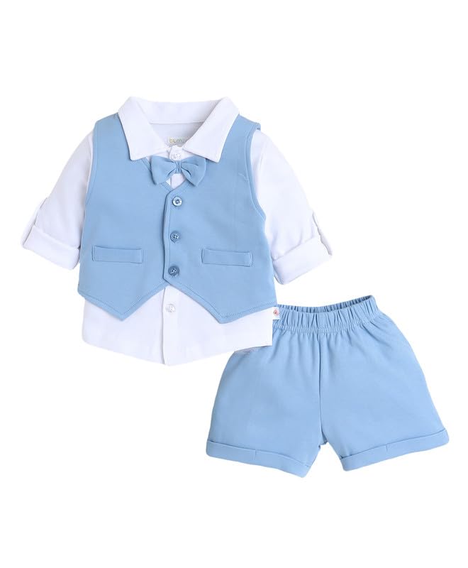 BUMZEE Boys Cotton Full Sleeves Shirt & Short Set With Waistcoat and Applique Bow Powder Blue & White - 12-18 Months (Peb10525D-