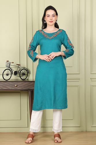 W For Woman Teal Thread Embroidered Neck Textured Dobby Straight Kurta