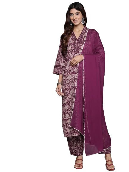 Varanga Women Purple Floral Printed Straight Kurta With Afghani Bottom And Dupatta