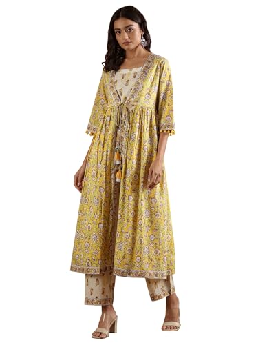 Libas Womens Printed Cotton A-Line Kurta With Trousers And Jacket
