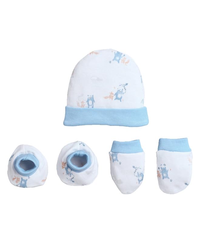 BUMZEE Cotton Cap Mitten Bootie White & Sky Blue - 0-3 Months (Peb11068-wht)