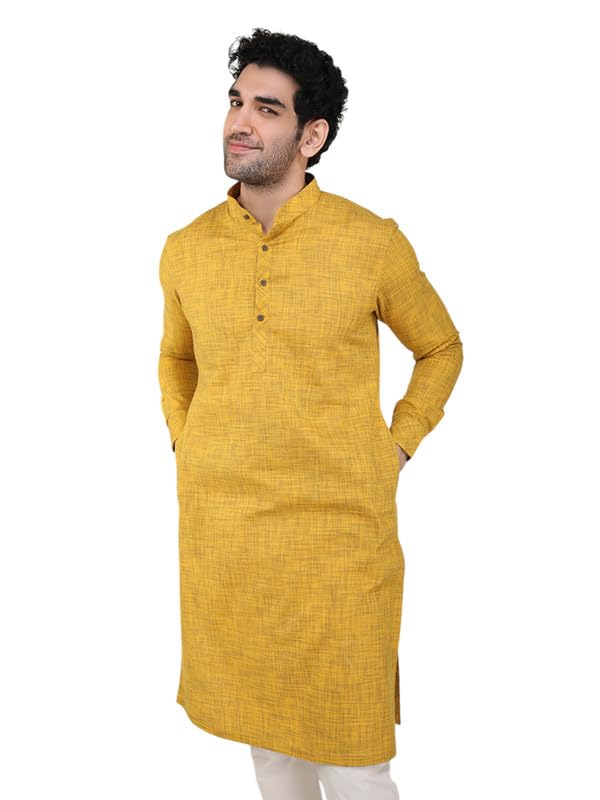 Manyavar Self Design Knee Long Full Sleeves Kurta for Men - (Yellow, XX-Large)