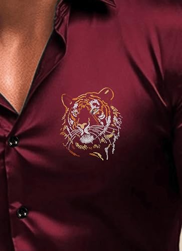 Indoprimo MenS Satin Stylish Club Wear Tiger Diamond Print Shirt Full Sleeve Maroon