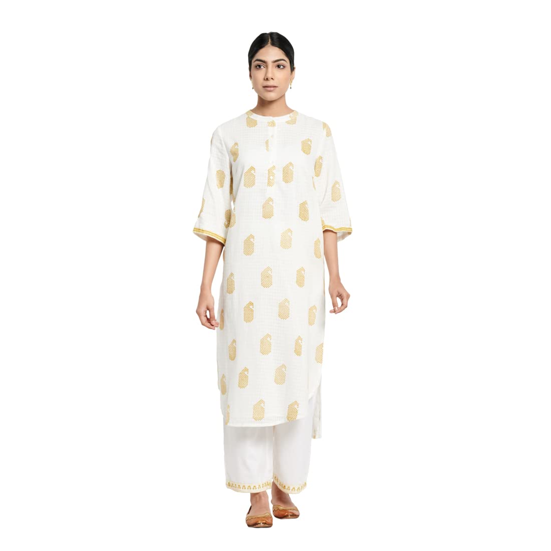 Fabindia Women Printed 2 Piece Kurta Set Cotton_M Yellow