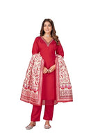 Stylum WomenS Red Solid & Embroidered Silk Straight Kurta Pant Dupatta Set