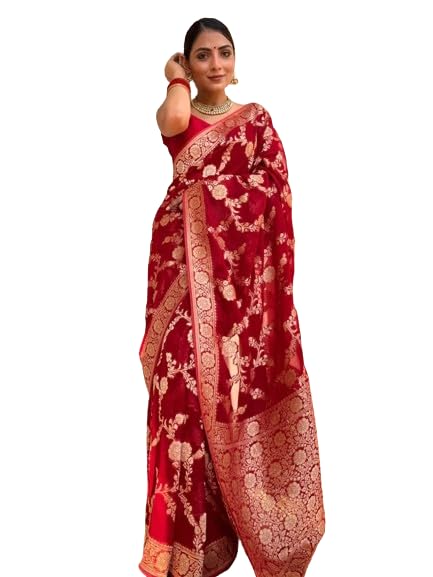 Flosive Womens Kanjivaram Silk Saree With Weaving Work Gold Zari With Blouse (RED)