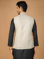 Wintage Men'S Linen Cream Nehru Jacket With Black Kurta And White Pyjama : Wc157Linennaturalkp001