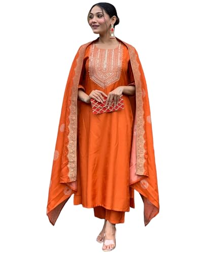 GoSriKi Womens Rayon Blend Embroidered Straight Kurta with Pant & Dupatta (PUNEETA ORANGE-GS_XXL_Orange_XX-Large)