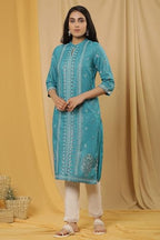 W For Woman W Women Blue Festive Floral Print Viscose Straight Kurta Set With Slim Pant