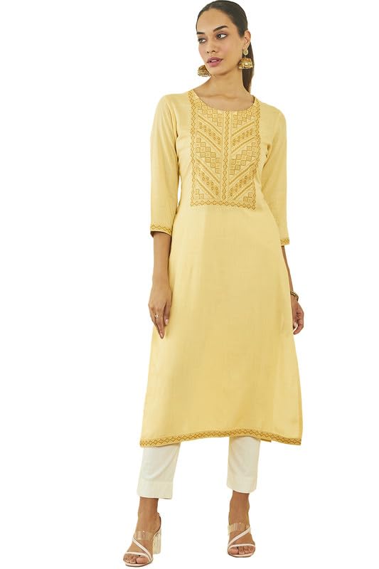Soch Womens Light Yellow Rayon Slub Embroidered Straight Kurta With Pocket