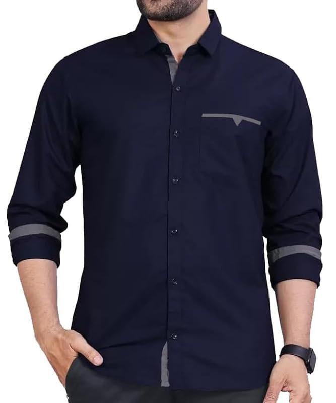Tee Projekt Mens Regular Fit Solid Soft Touch Cotton Casual Shirt with Pocket Design with Spread Collar & Full Sleeves. Dark Bl