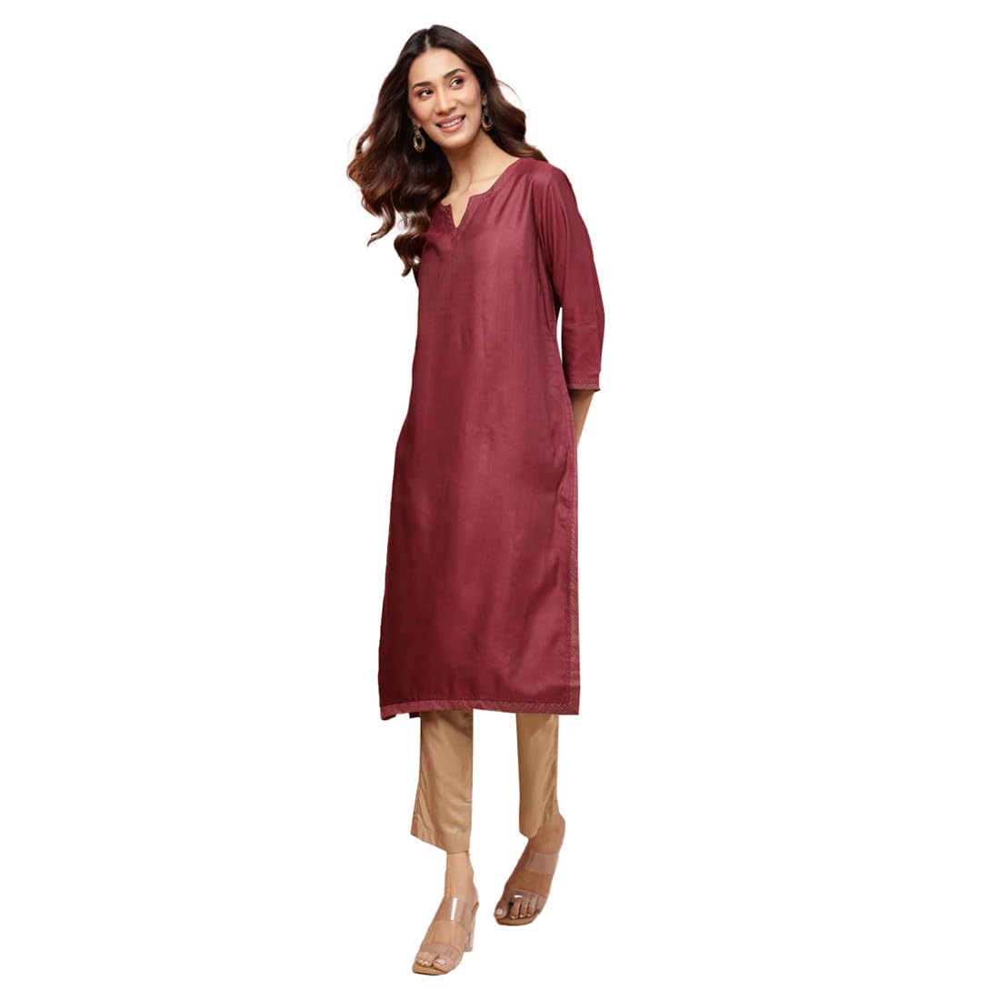Fabindia Women'S Viscose Silk Solid Regular Kurta (1038199Wine_Wine