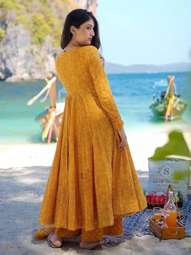 ANNI DESIGNER Womens Rayon Viscose Anarkali Printed Kurta with Palazzo & Dupatta (Sinners Yellow_M_Yellow_Medium)