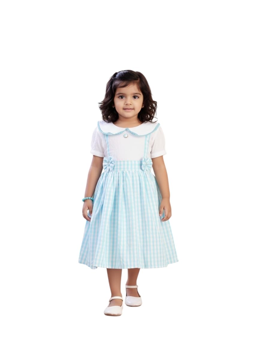 Aarika Girls Firozi Colour Checks Print Cotton Frock-(2-8 Years)-(Oct_Dr-17318-Firozi-22)