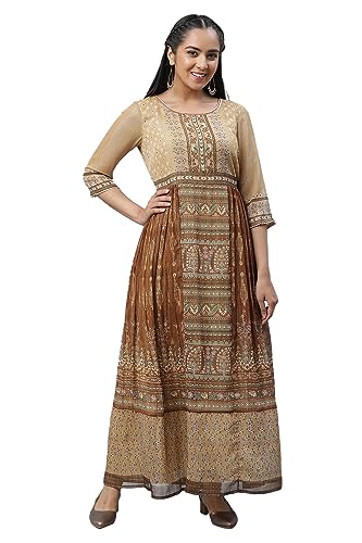 Aurelia WomenS Porcini Ornamental Print Poly Georgette Lurex Aline Dress_23Aud10586-507110_Xl Brown