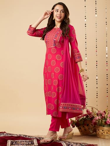 ANNI DESIGNER Womens Cotton Blend Straight Printed Kurta with Pant & Dupatta (NOV-Pink-NSW_4XL_Pink_XXXX-Large)
