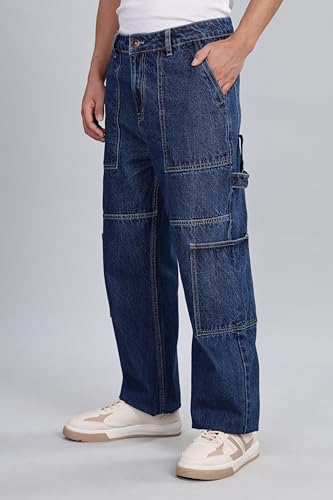 Inkd MenS Cargo Carpenter Baggy Jeans  Mid-Rise | 100% Cotton | Contrast Stitch| 6 Pocket Styling | Baggy Jeans For Man | Cargo