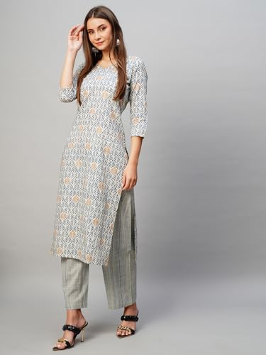 ANNI DESIGNER Womens Cotton Blend Straight Printed Kurta with Pant (PAT 11 Blue_XXL_Blue_XX-Large)