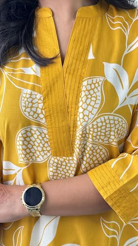 Lookmark WomenS Floral Printed Cotton Blend 3/4Th Sleeve Knee Length V-Neck Kurta And Palazzo Set For Women (Az-Lm-Og-Ks2204 Ye