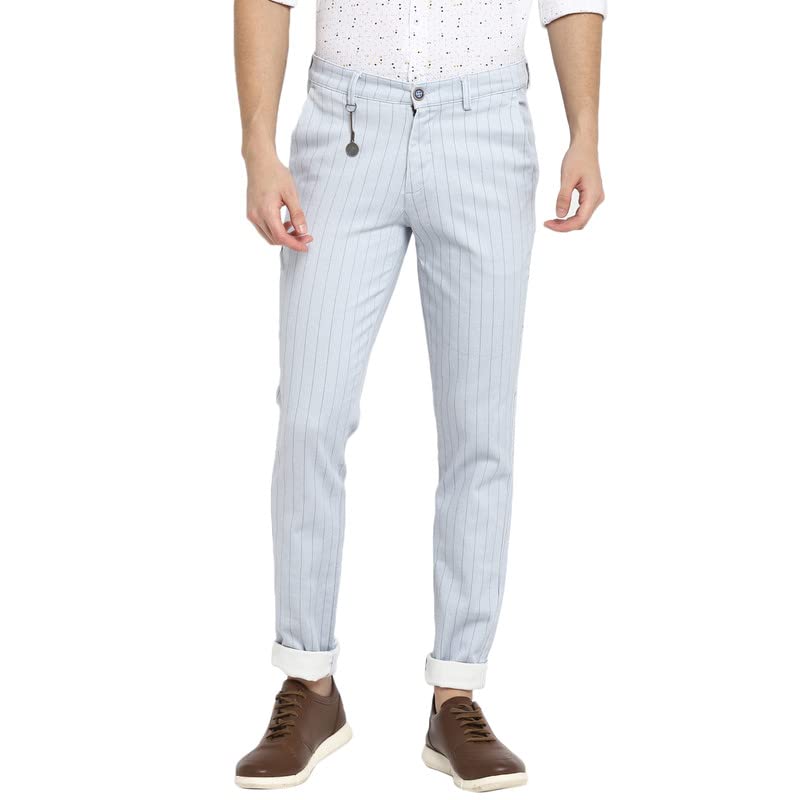 Turtle Men Sky Blue Narrow Fit Striped Casual Trousers