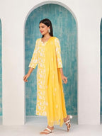 ANNI DESIGNER Womens Cotton Blend Straight Printed Kurta with Pant & Dupatta (MEI Yellow-ND_S_Yellow_Small)