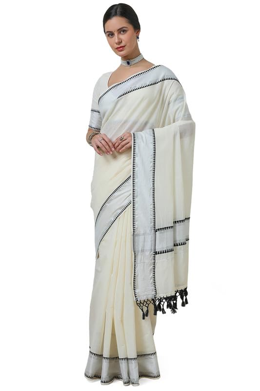 Soch Women Cotton Blend Kasavu Saree with Tassels