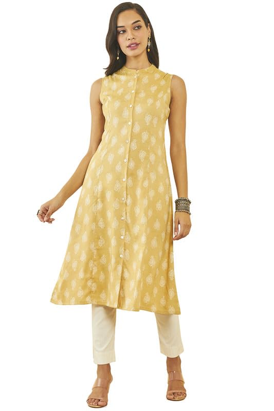 Soch Womens Mustard Rayon Paisley Print Sleeveless A-Line Kurta With Pocket