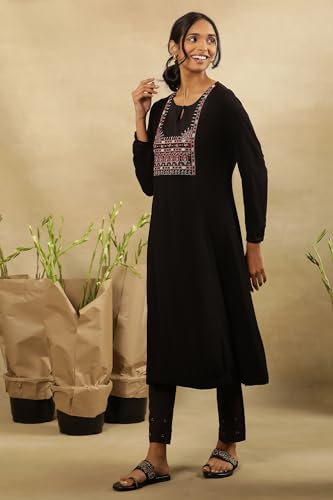 Folksong By W Women Black Festive Solid Viscose A-Line Kurta