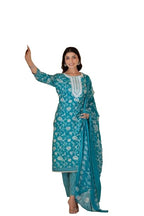 Varanga Women Blue Printed Round Neck Straight Kurta With Thread Embroidered Yoke, Three-Quarter Sleeves, Side Slits, Paired Wit