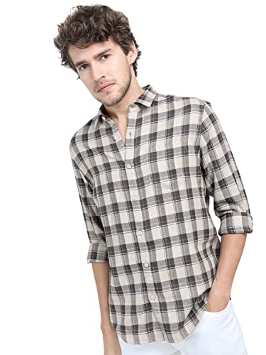 Ketch Poly Cotton MenS Slim Fit Shirt (Khsh000631_Beige/Brown, Medium