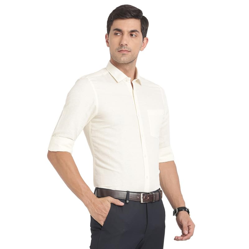 Turtle Men Cotton Linen Cream Printed Slim Fit Formal Shirts