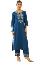 Soch Womens Blue Rayon Floral Embroidered Round-Neck Nyra-Cut Kurta Sets